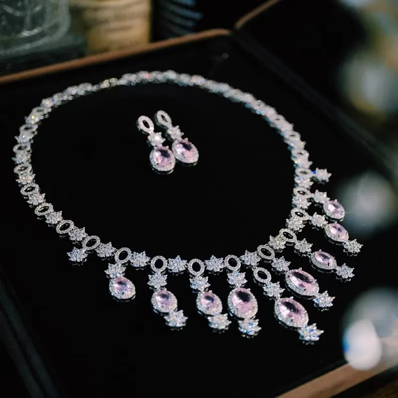 

CC принцесса ожерелье серьги-гвоздики наборы для женщин помолвка выпускной свадебный бижутерия свадебный розовый цвет комплект ювелирных изделий 2 шт. T0269