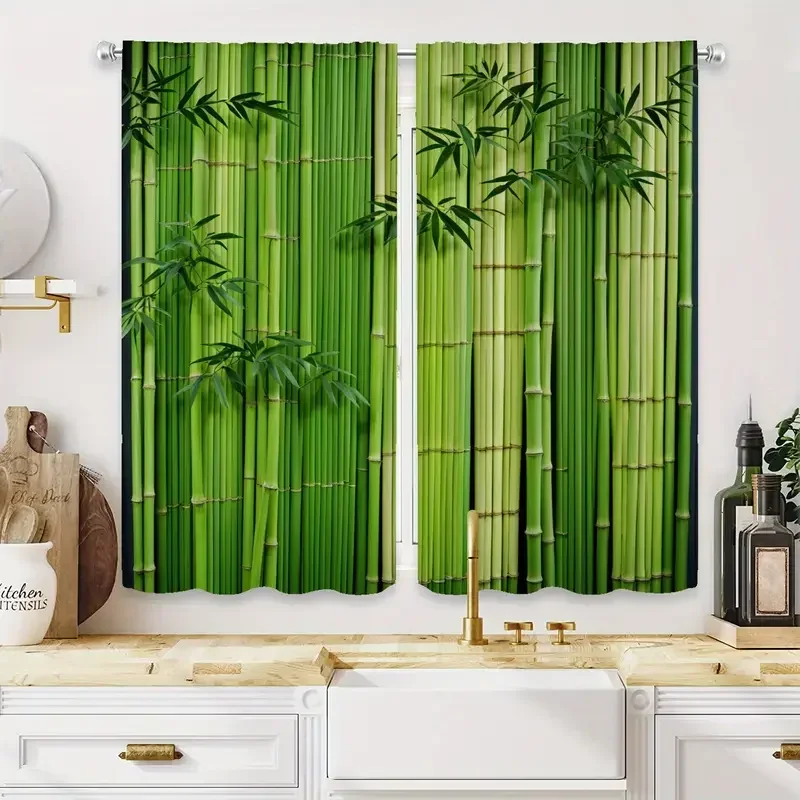 Bamboo Leaf Pattern Curtains for Kitchen Window Home Decor Green Tropical Style Curtain Panels