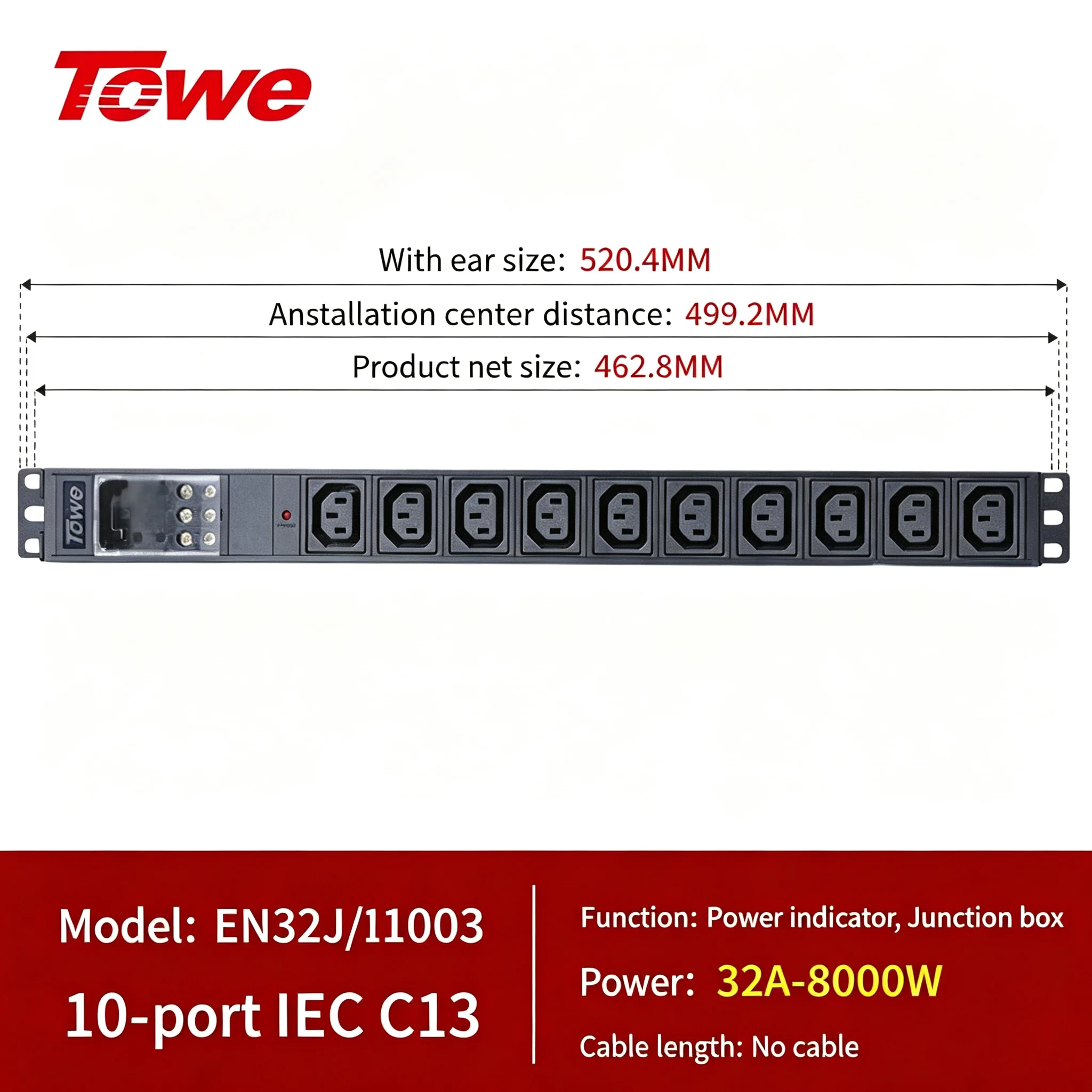 TOWE 32A Heavy Duty Cabinet Power Distribution Unit 10 IEC C13 Outlet 1U Rack Terminal Block Input 8000W No Cord for Server Rack