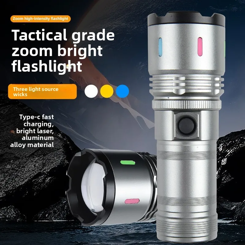 

New 3-Color White Laser LED Flashlight, Type-C Rechargeable, Zoomable & Long Range, Fluorescent Strip, Outdoor Waterproof Torch