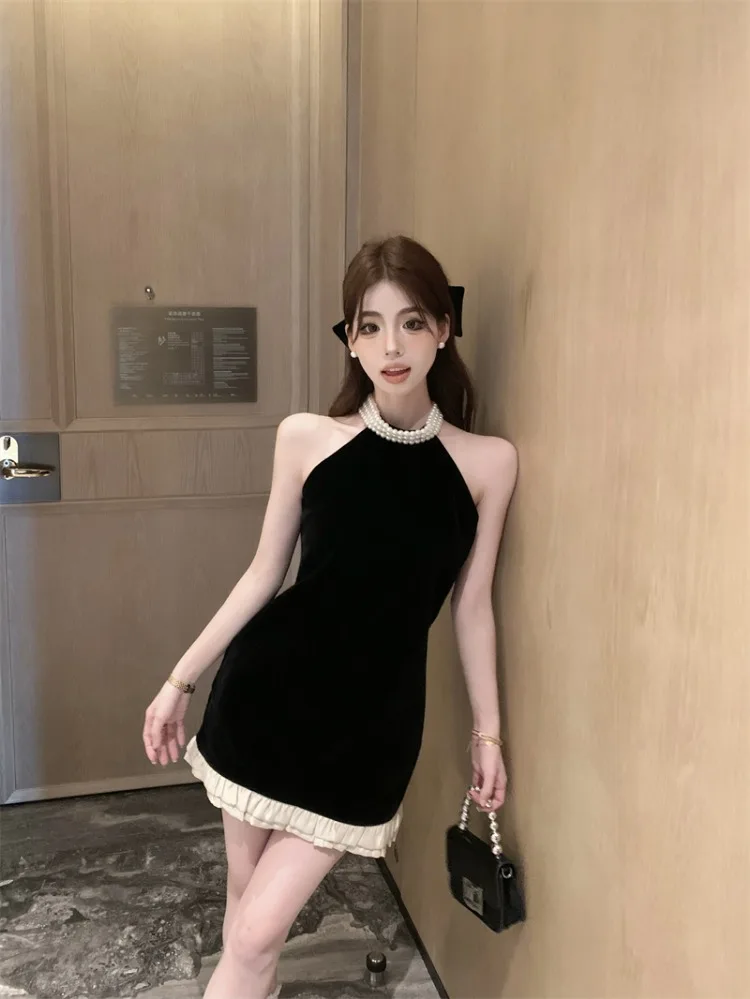 Ezgaga Sleeveless Dresses Women Patchwork Off Shoulder Ruffles Beaded Slim Elegant Mini Dress Sexy Party Ladies Temperament