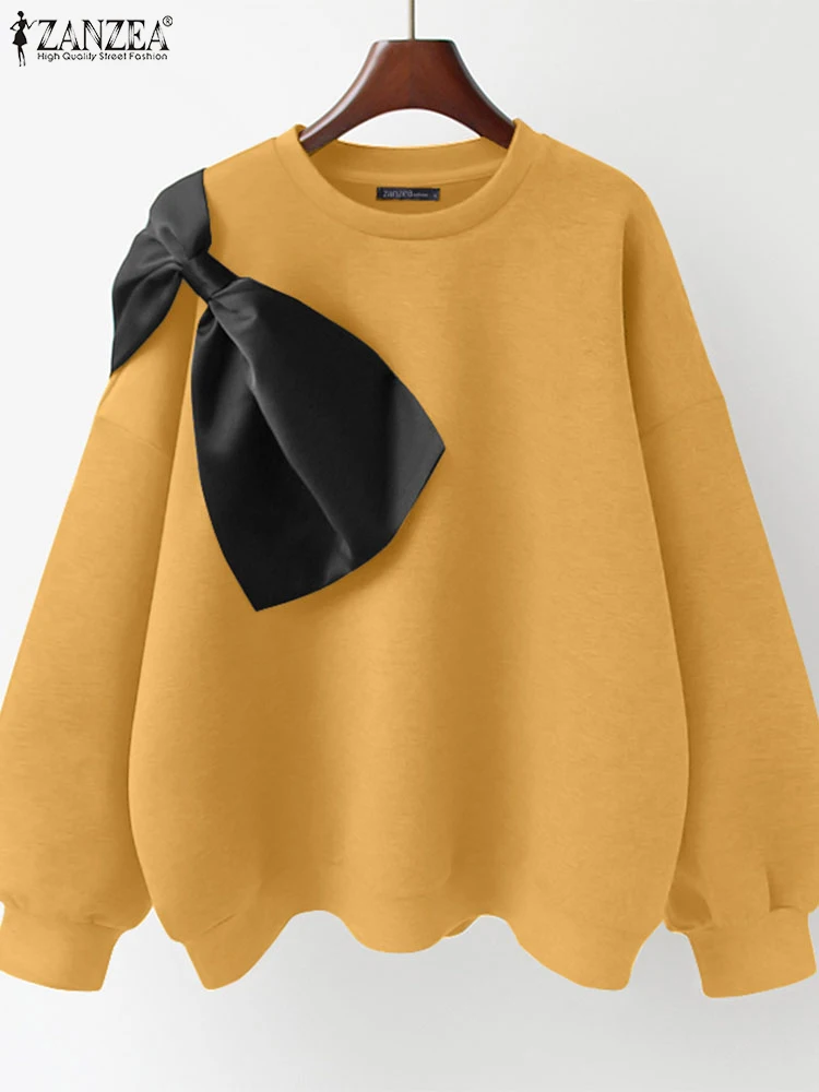 ZANZEA Women Sweatshirts 2024 Autumn Winter Casual Round Neck Jumpers Long Sleeve Contrast Color Tops Big Bow Knot Pullover Tops