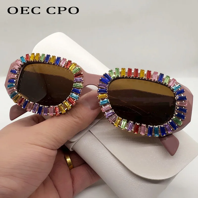 

OEC CPO Diamond Fashion Square Women Sunglasses Colorful Rhinestone Clear Ocean Lens Eyewear Men Shades UV400 Sun Glasses