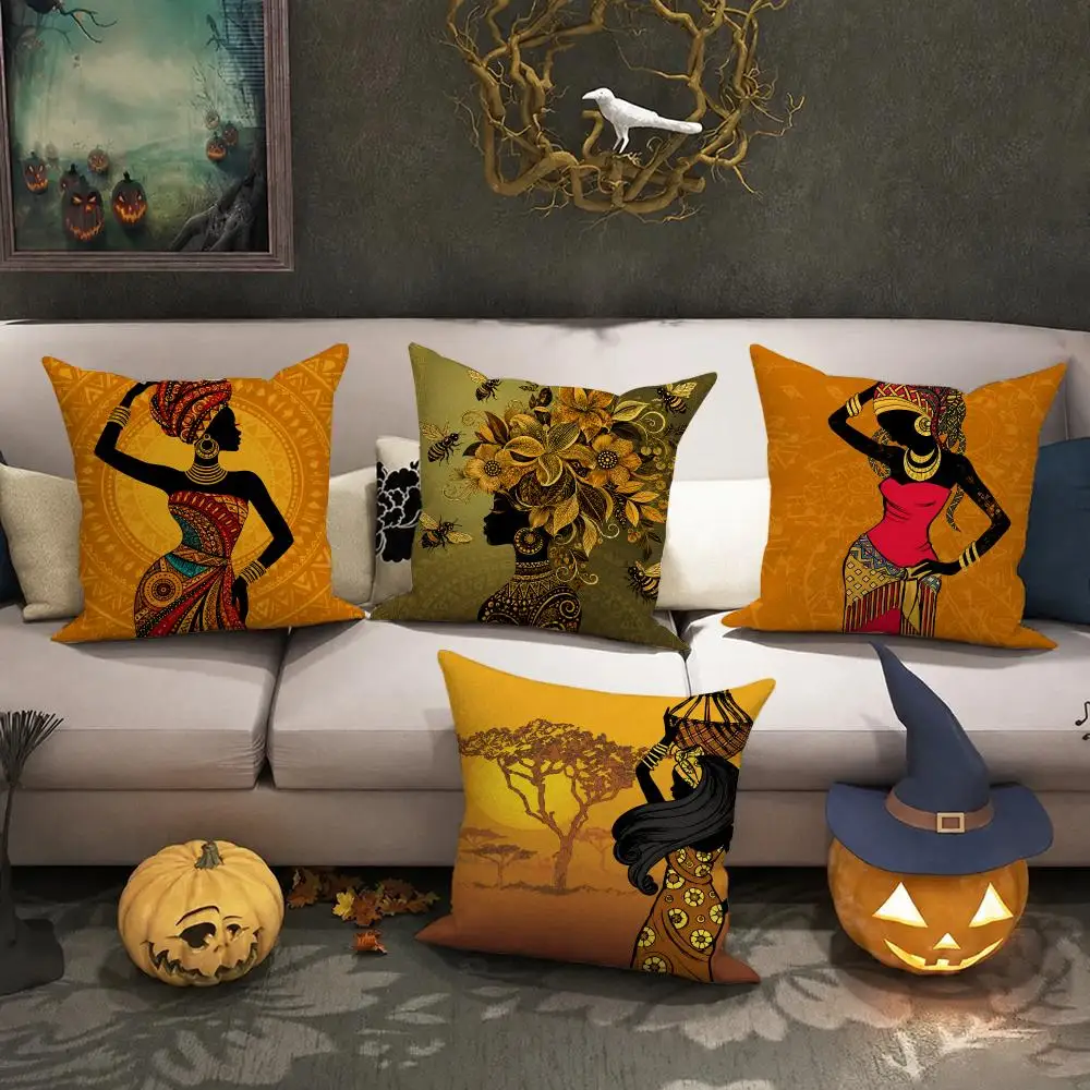 African Woman Boho Decor Cushion Cover Halloween decoration trick or treat cushion cover, ghost, pumpkin head, bat decoration