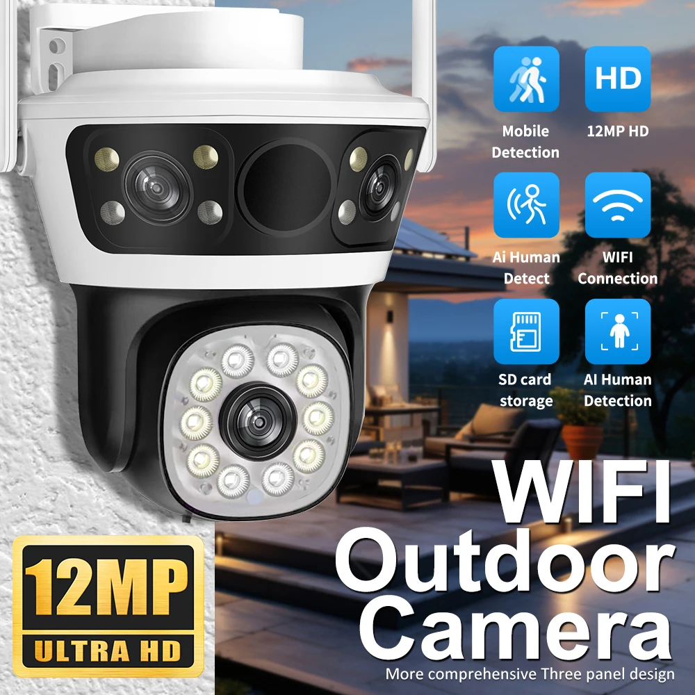 outdoor triple screen security camera ai auto tracking cctv audio video surveillance triple ptz wifi 6k 12mp triple ptz 01