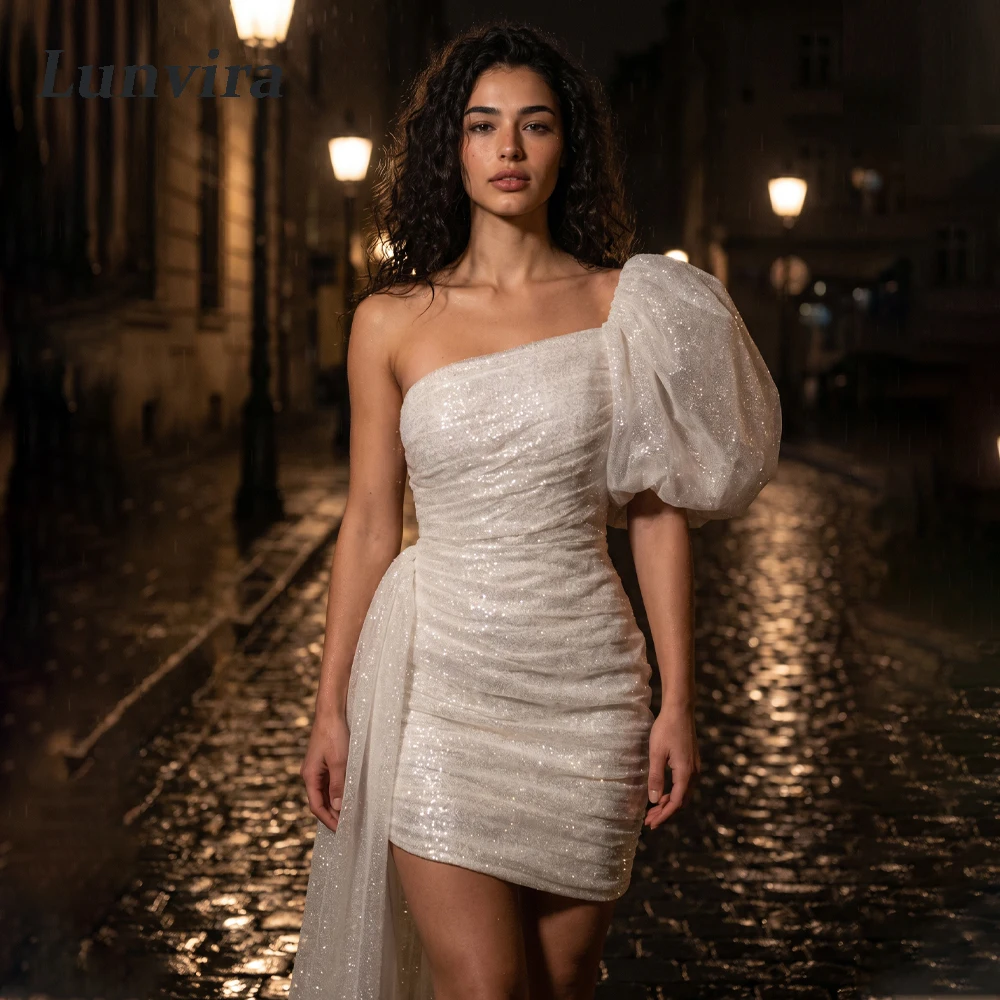 Lunvira Shiny Sequins Brides Dress for Women One-shoulder Sheath Pleat Zipper Strapless Vestido De Casamento Customized