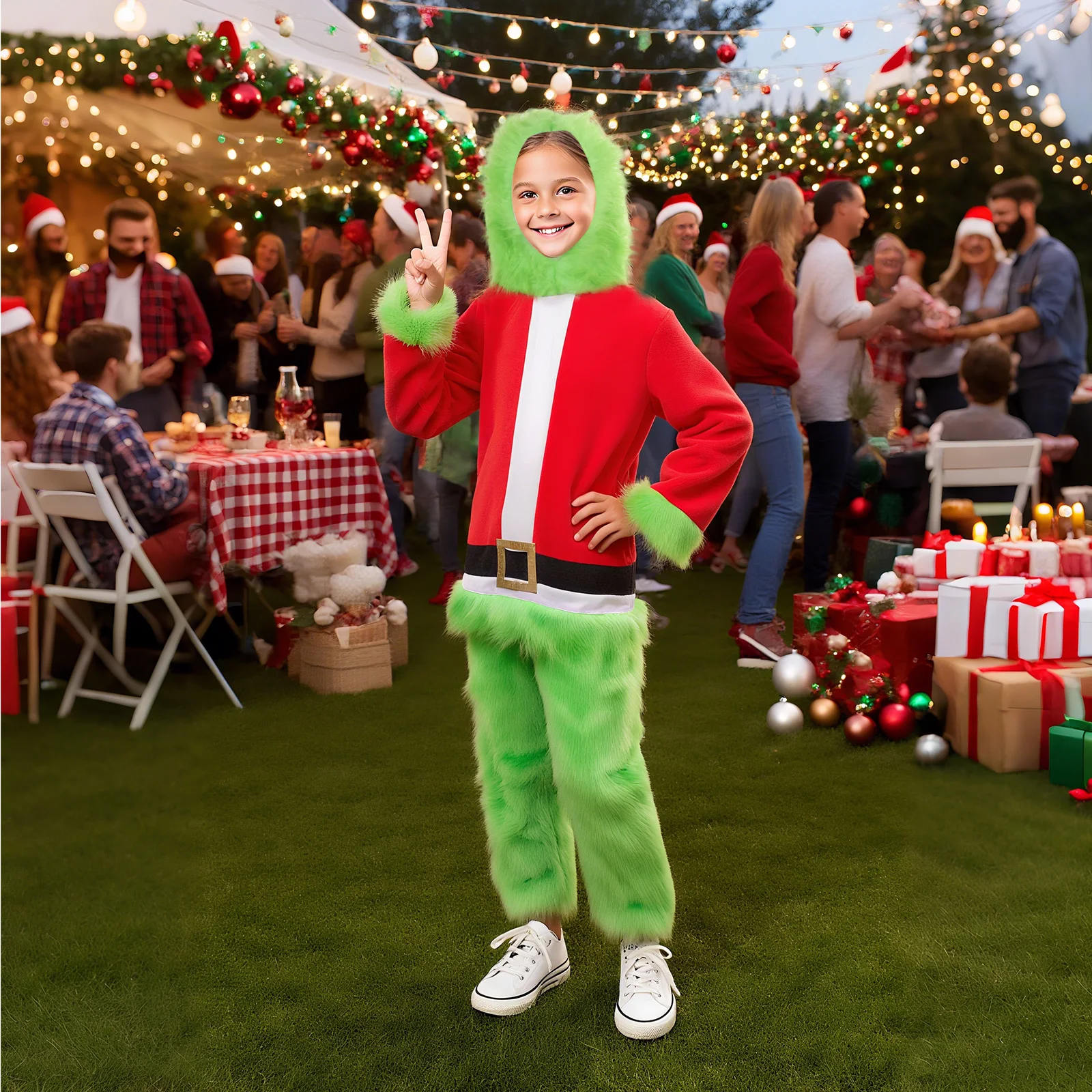 Boys Girls Christmas Costume Green Furry Jumpsuit Halloween Cosplay Party Xmas Role Play Family Photo Outfit