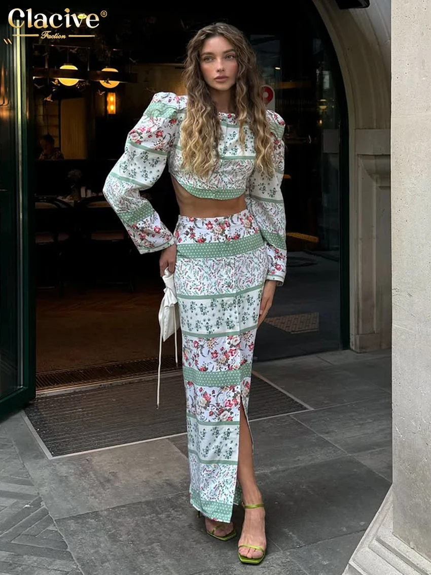 

Clacive Fashion Slim Print 2 Piece Set Woman 2025 Elegant Chic Long Sleeve Crop Top With High Waist Slit Long Skirt Set Female