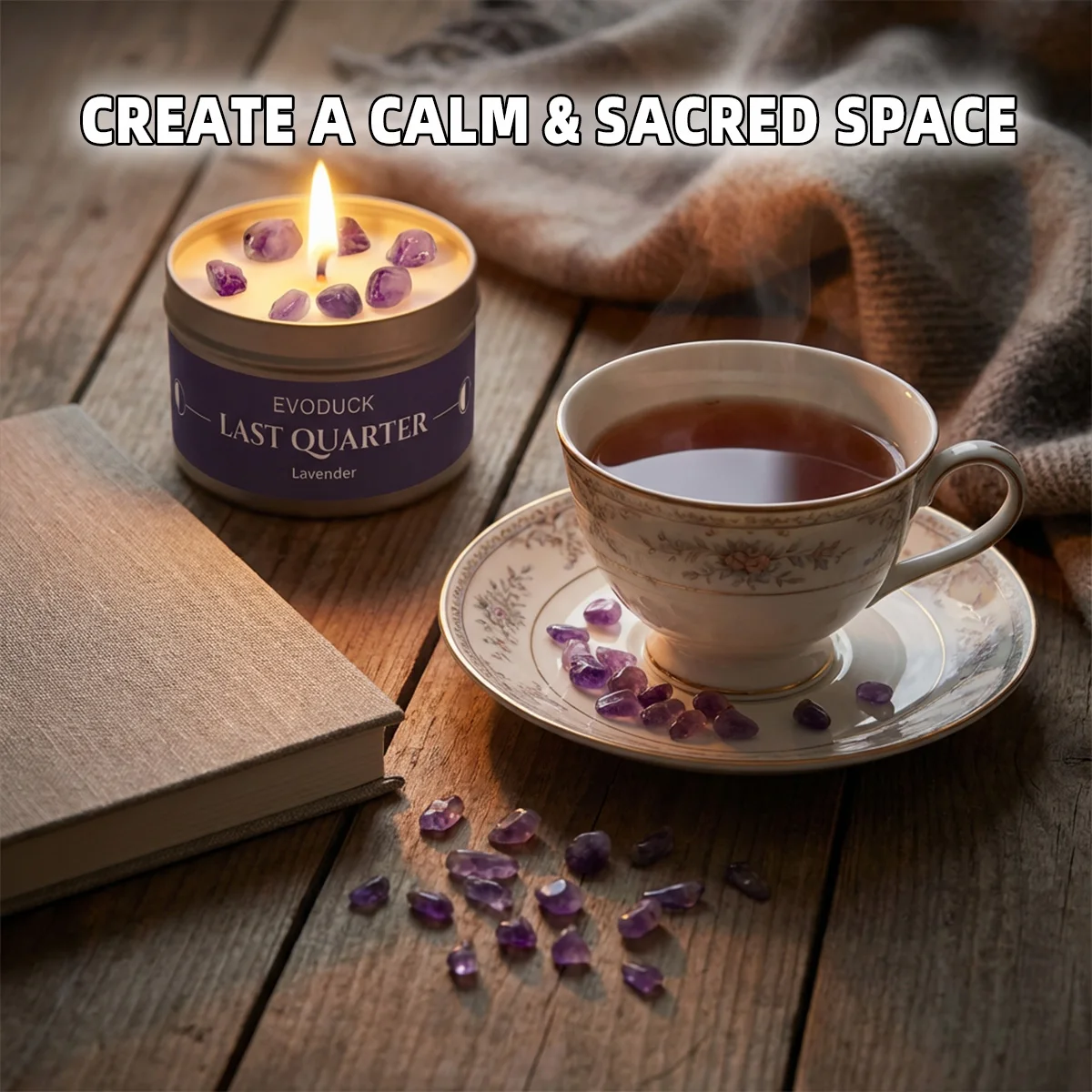 Waning Moon Scented Candle Soy Wax Lavender Scented Candles Silver Tin with Purple Crystal Chips Bestfriend Gifts Gift for Woman