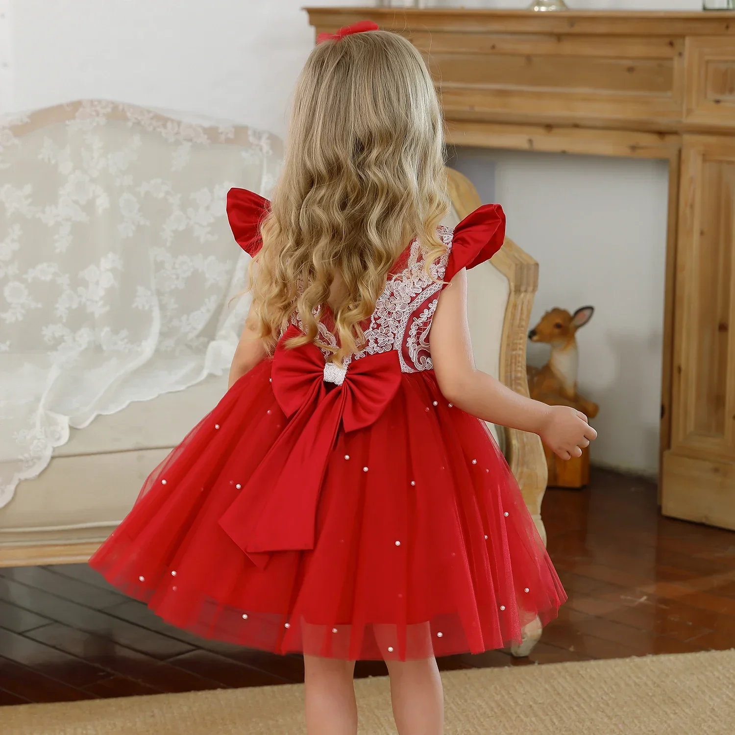 Baby Girl Dress for Wedding Evening Formal Gown Lace Big Bow Beading Tulle Dress Infant Girls 1st Birthday Baptism Party Dresses