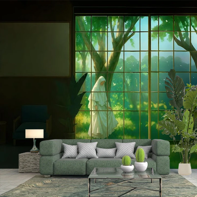 1PC Anime Window Tree Figure Scene Print Backdrop Banner, Bedroom Living Room Photo Background, Polyester, Home Decor, Wall Art