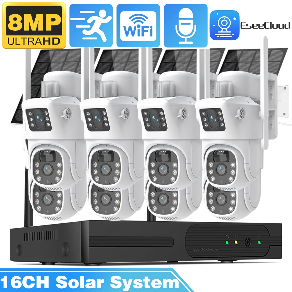 16CH NVR 8MP Wifi Surveillance Solar PTZ Camera System Color Night PIR Detection Two-Way Audio WiFi Outdoor Security Camera Set