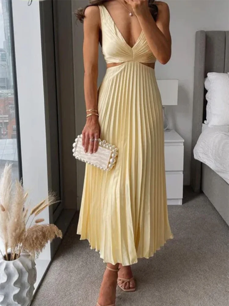 

TOY-Summer New ElegantVSleeveless Hollow Out Backless Pleated Dress