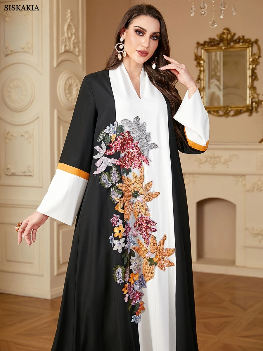 Siskakia Ramadan Dubai Sequins Patchwork Abaya Panel Sleeve Kaftan With Sashes Muslim Woman Costume Elegant Loose Dresses