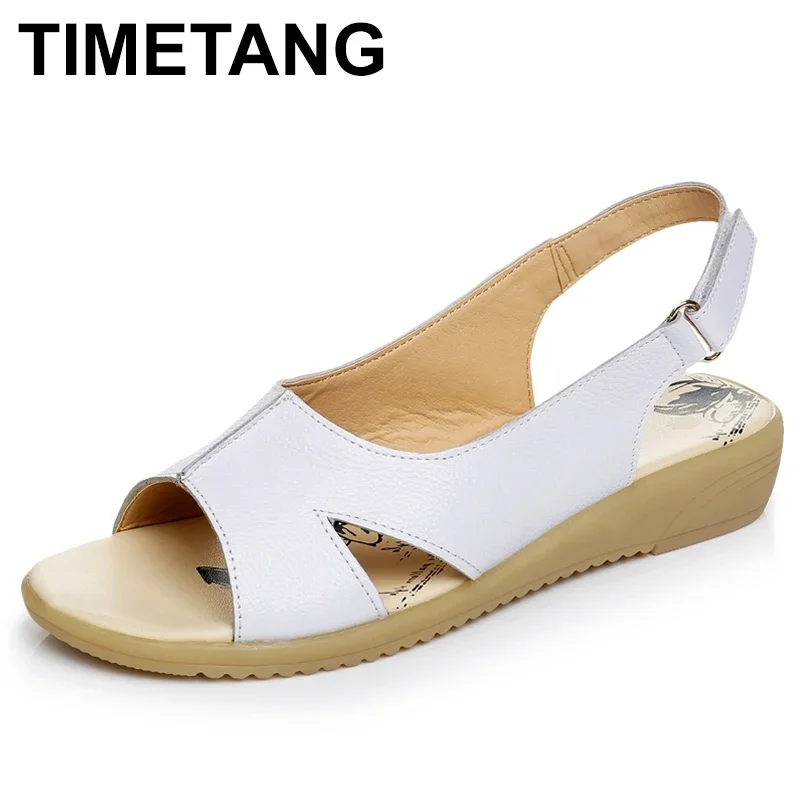 TIMETANG  Summer Genuine Leather Women Sandals Comfortable Ladies Shoes Gladiator Sandal Women Female Flat Sandals Fashion Shoes