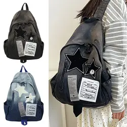 Fashion Large Capacity Denim Star Backpack Y2K All Match Double Shoulder Bag Unisex Star Pattern School Backpack Outdoor