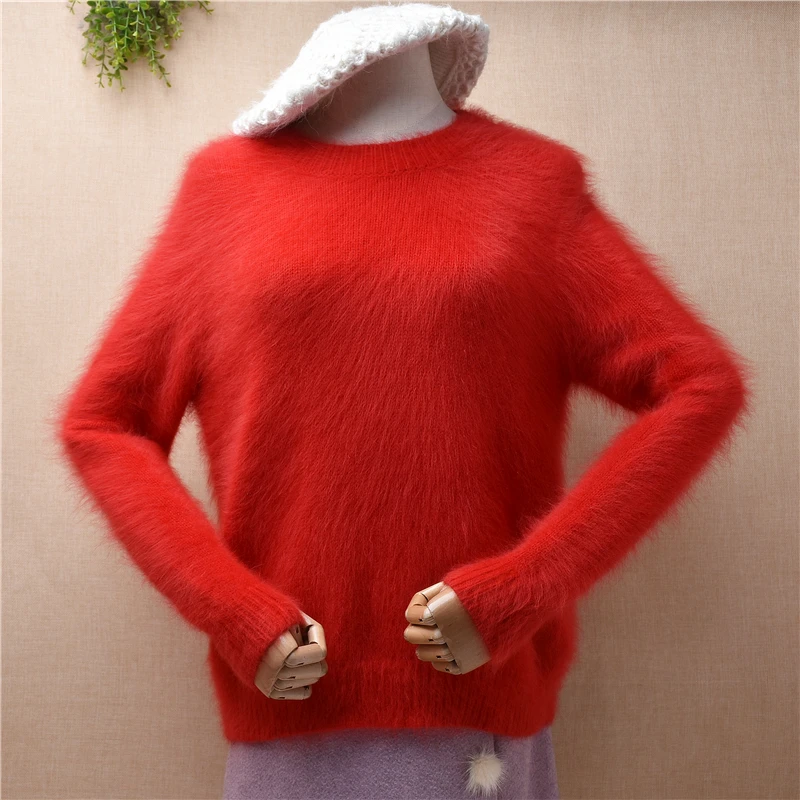 

Ladies Women Fall Winter Clothing Red Hiary Mink Cashmere Knitted O-Neck Slim Blouses Pullover Angora Fur Jumper Sweater Pull