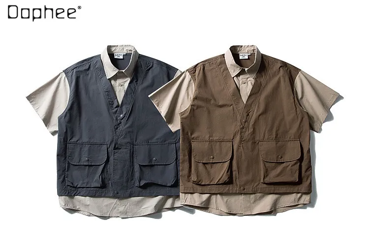 

Summer New Japanese Retro Style Khaki Navy Fake Two Piece Spliced Lapel Short Sleeve Shirt Men Loose Daily Casual Tops