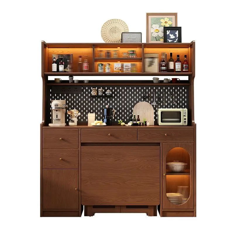 All solid wood folding dining table, side cabinet integrated table, household small apartment retractable mobile multi