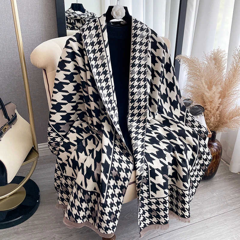 New Houndstooth Design Winter Warm Cashmere Jacquard Scarves High Quality Women Thicken Wrap Shawl Ladies Wool Pashmina Scarf