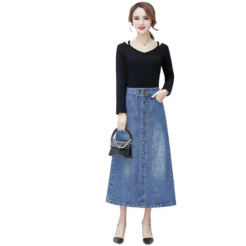 

Denim Skirt Women Korean Style Fashion High Waist A Line Long Skirts For Women Vintage Single-breasted Jean Skirt