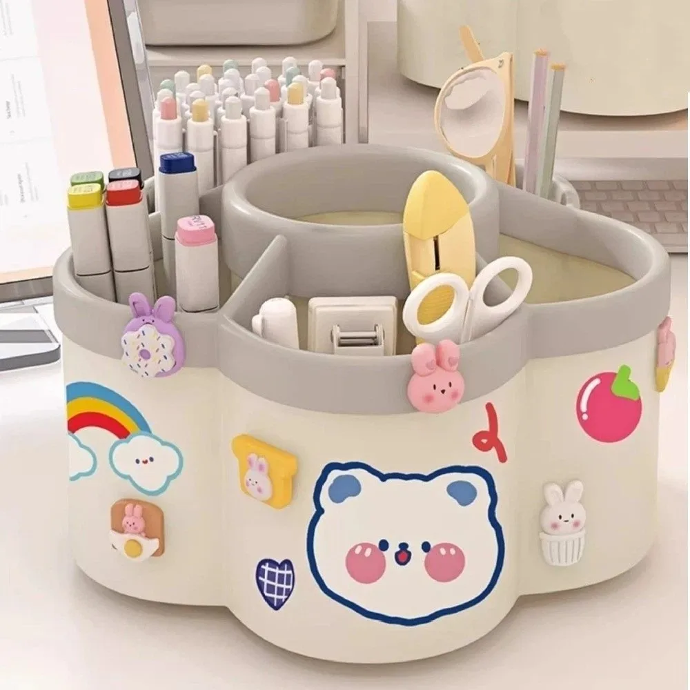 Multi-function Rotating Pen Holder Plastic Large Capacity Rotating Storage Box Cute Cartoon Rotating Makeup Brush Cylinder