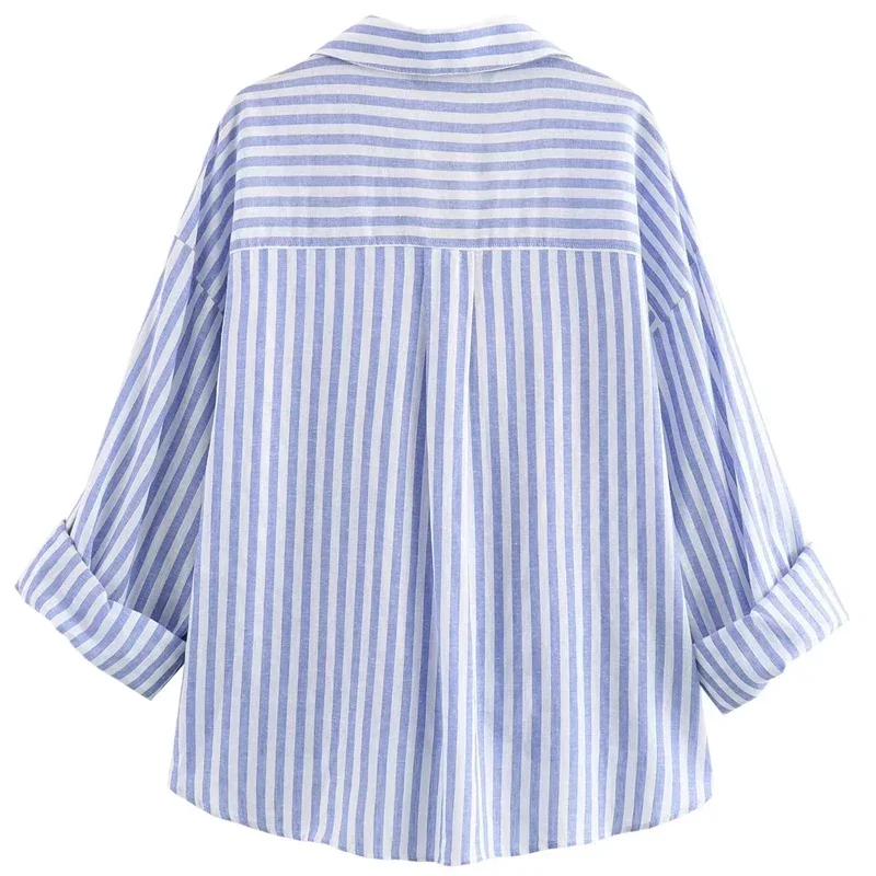 TRAF Women\'s Elegant Blouse Summer Striped Knot Shirts Lapel Collar Short Sleeve Tops Woman 2024 Casual Elegant Female Blouses