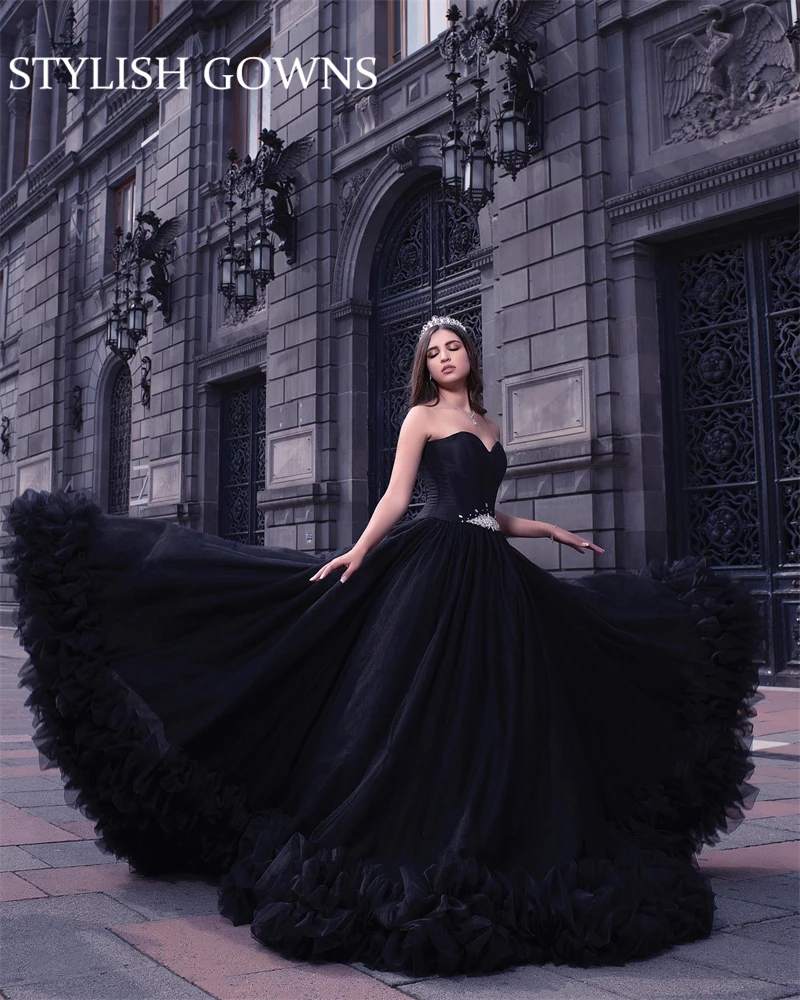 Vestido De fiesta De princesa negro con forma De corazón, vestidos De quinceañera, vestidos De fiesta con cuentas, Vestido De graduación De cristal con volantes, Vestido De 15 personalizado