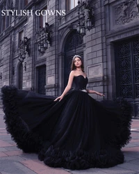 Princess Black Sweetheart Ball Gown Quinceanera Dresses Beaded Celebrity Party Gowns Crystal Prom Dress Ruffles Vestido De 15