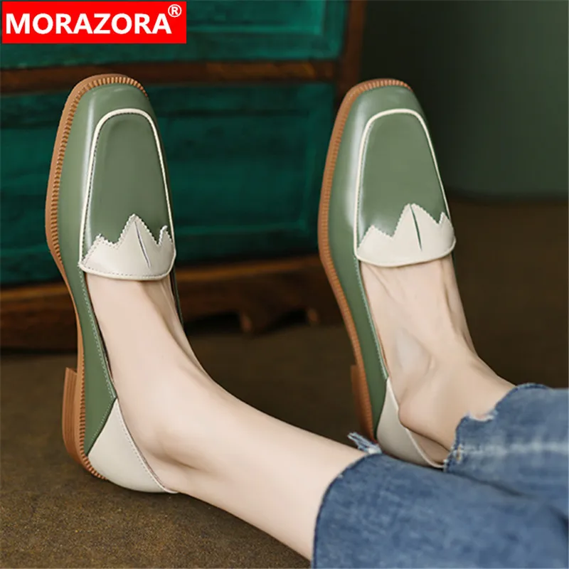 MORAZORA 2024 New Mixed Colors Genuine Leather Shoes Woman Slip On Shallow Ladies Pumps Square Low Heels Fashion Single Shoes