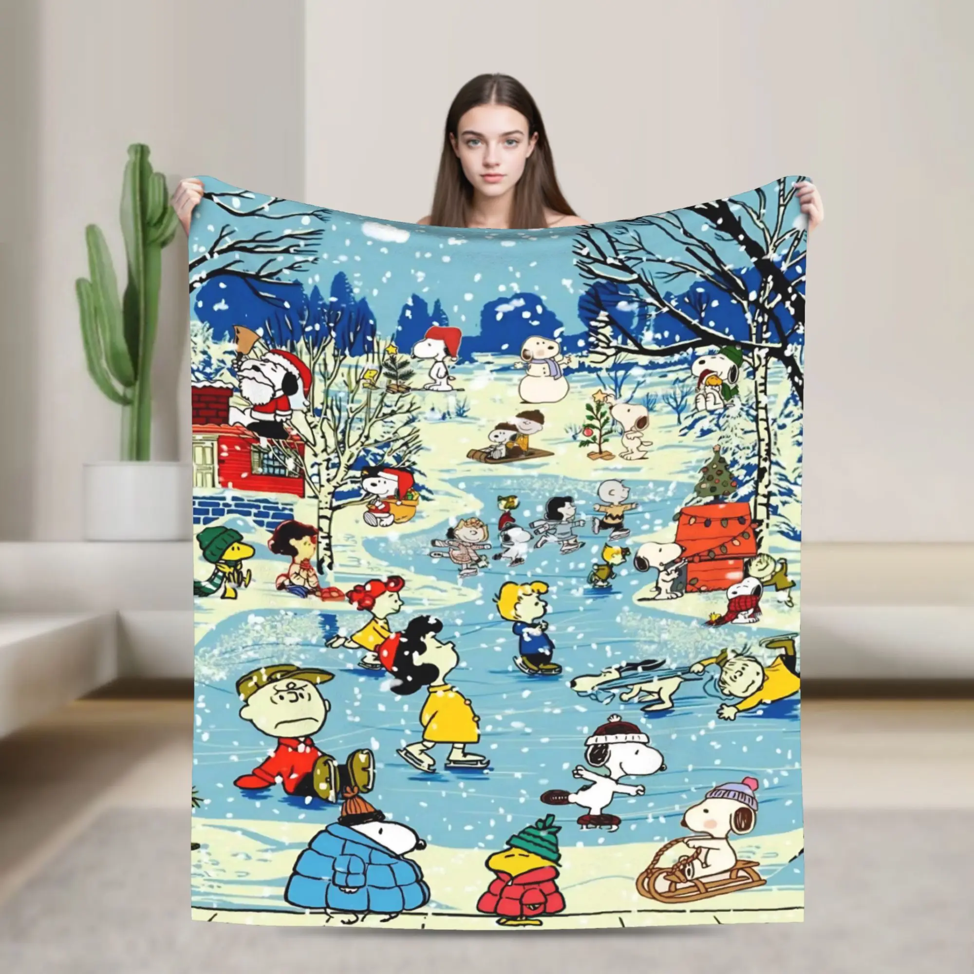 S-Snoopys Xmas Snowman Santa  Flannel Blankets  Funny Throw Blanket for Home 150*125cm Bedspreads