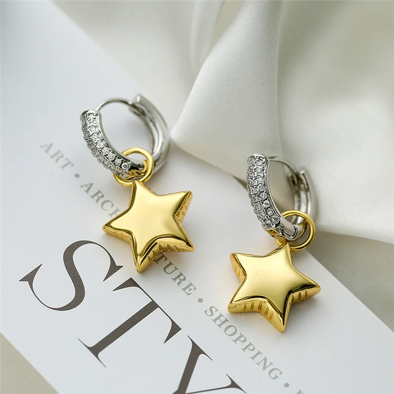 Trendy Zircon Heart Pentagram Asymmetric Color Contrast Hoop Earrings For Women Star Pendant Dangle Earrings Jewelry Gift