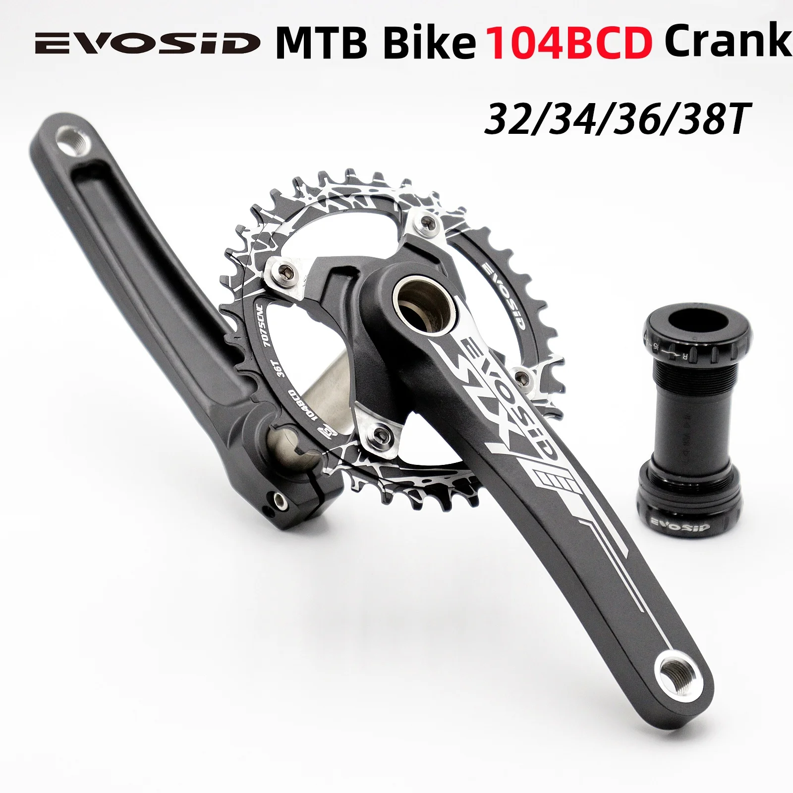 EVOSID MTB Bike Crank 104BCD Wide Narrow Chainring 32/34/36/38T Crown Mountain Bicycle Hollow Integrated Crankset Sprocket Crank