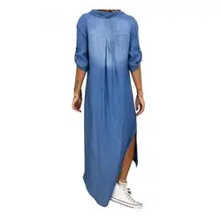 Women Plus size dress Vintage Summer V Neck Half Sleeve Side Slitting Hem Loose Long Denim Dress Hem Loose Long Denim Dress