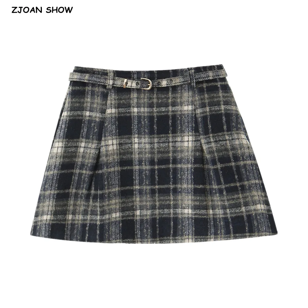 2025 Spring French Style Retro Gingham Plaid Mini Skirt Women Buckle Belt Ruched A-lined Short Skirts