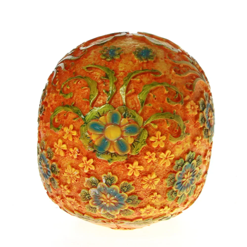 MGT-Mexican Day of the Dead Floral Carved Skull Head Resin Figurine, Orange Sugar Flower Skull, Halloween Sculpture