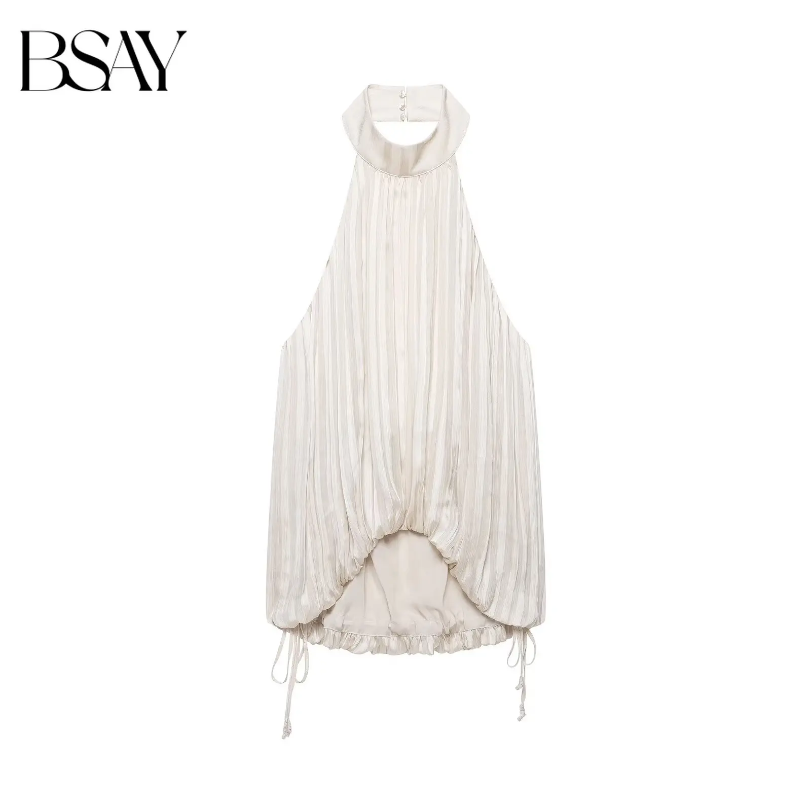 BSAY Elegant Striped Fine Pleated Halter Top Women Sleeveless Back Closure Drawstring Ruffle Hem Loose Fit Summer Holiday Blouse