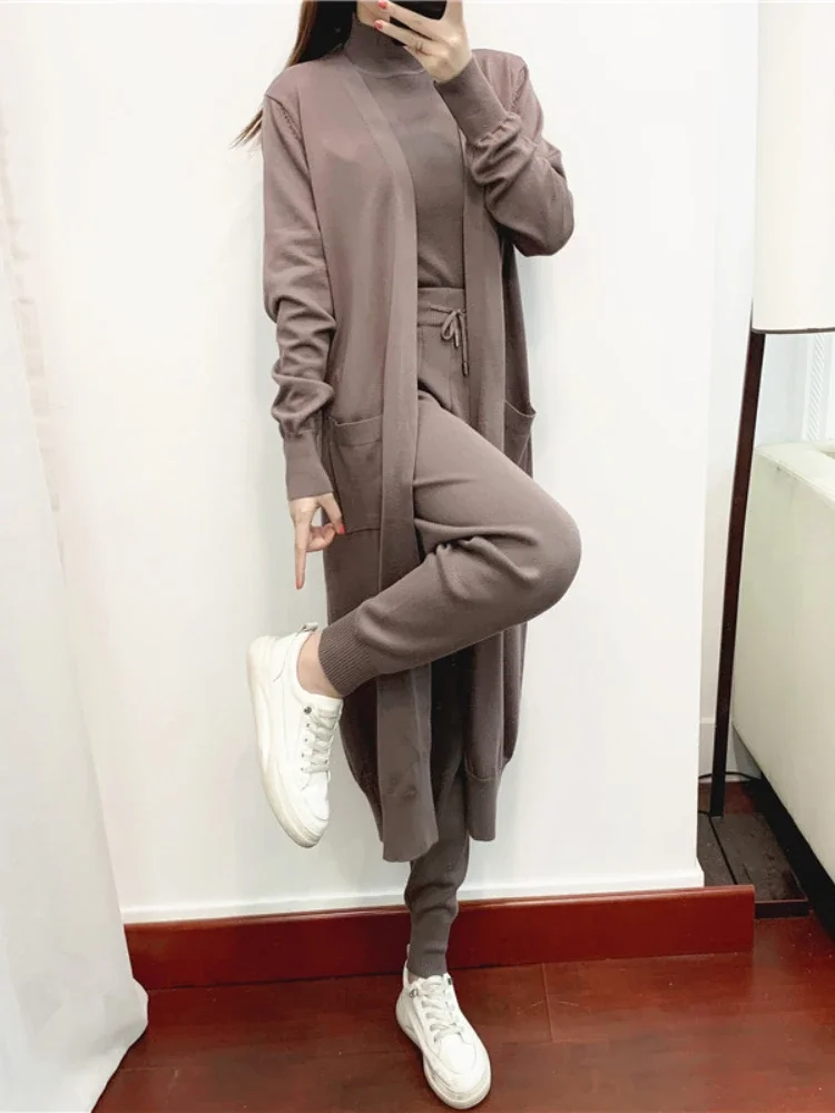 Winter Women Knitted 3 Pieces Set Muslim Casual Thicken Long Coat Dress Sweater Coat +top + Pant 3PCS Suits Warm Set Abaya 2024