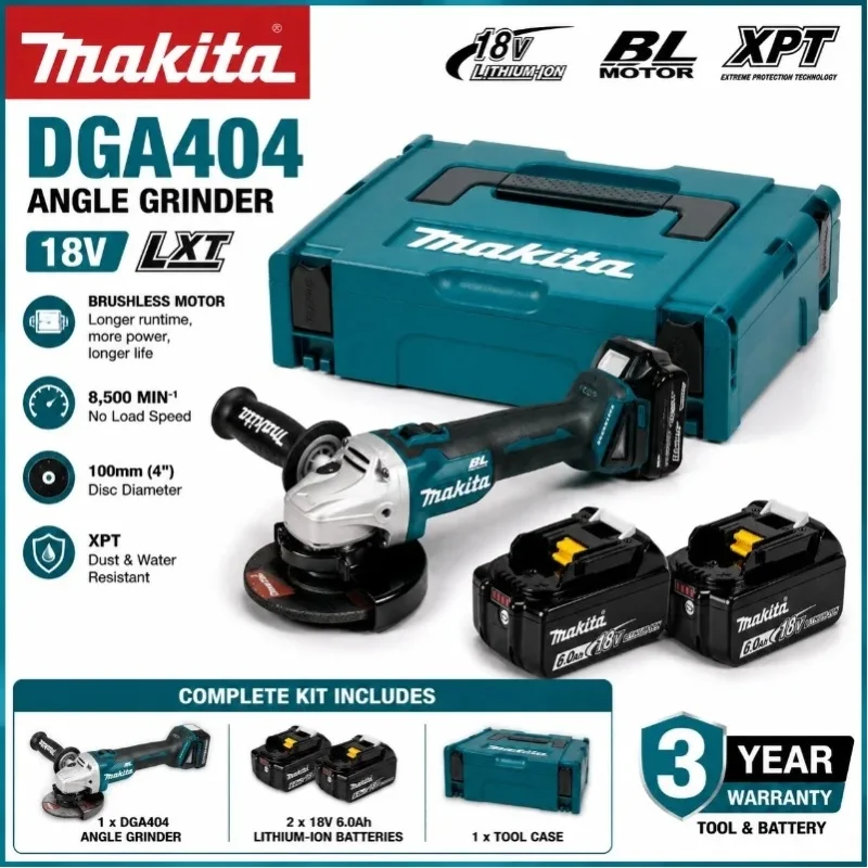 125mm Hochleistungs-Elektroschleifer Makita DGA404, Bürstenloser Winkelschleifer, 18V Lithium-Akku Schneid- und Poliermaschine, 18V 6Ah Batterie