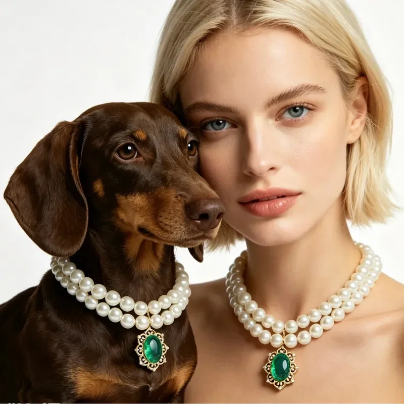Retro Gem Pet Pearl Necklace Muppet Photo Decorative Collar Light Luxury Cat Dog Jewelry Factory Spot