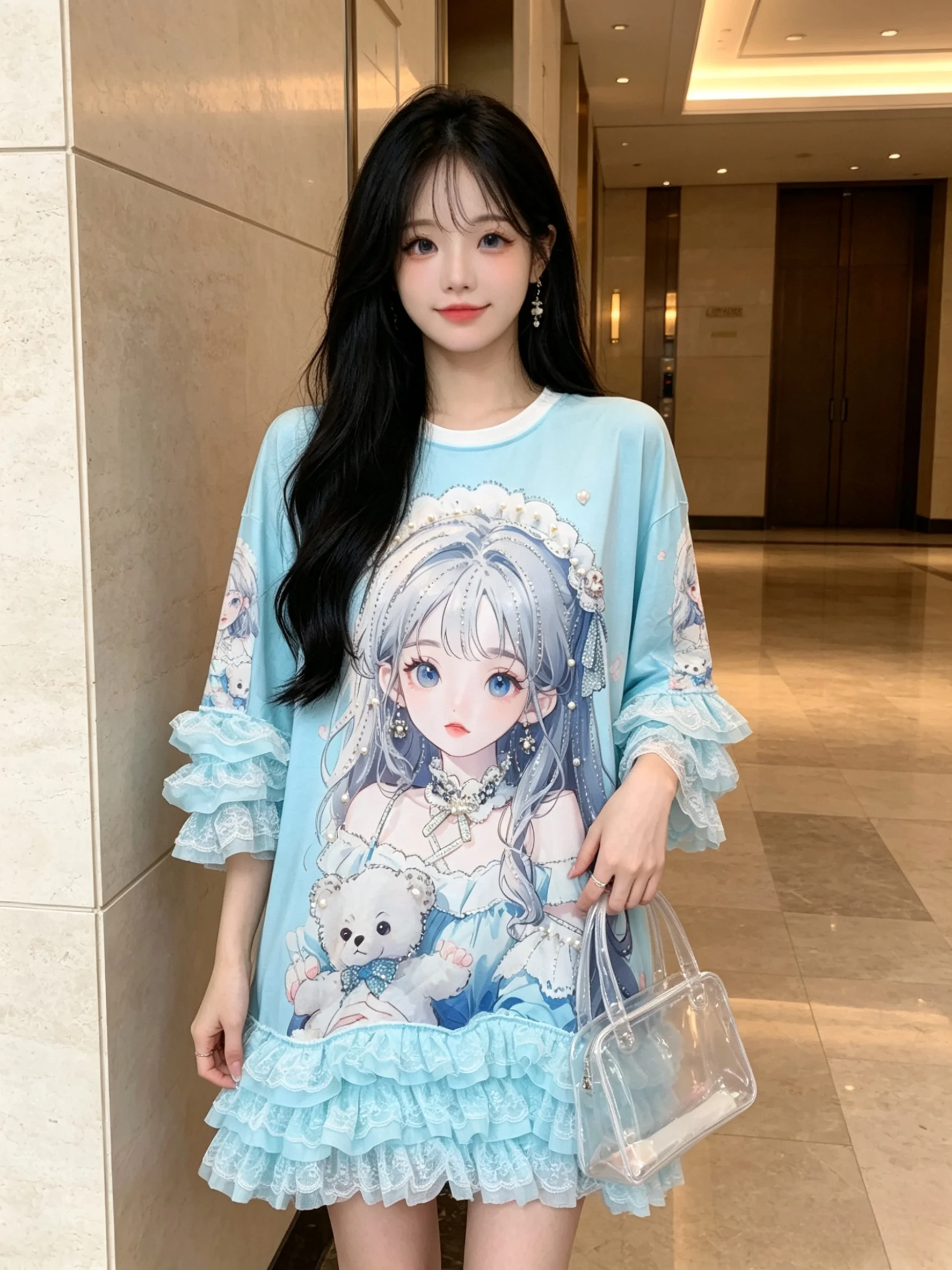 2D Cute Cartoon Printed Loose T-shirt Top Subculture New Summer All-match Elegant Lace Flare Sleeve Mid-long Princess Tees Dress