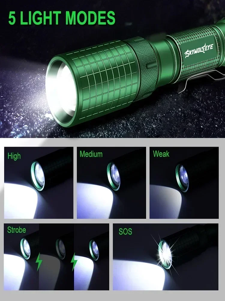Skywolfeye 1pcs Led Flashlight Rechargeable Torch 5 Lighting Modes Flash Light with 2 Slot Battery Charger for Camping
