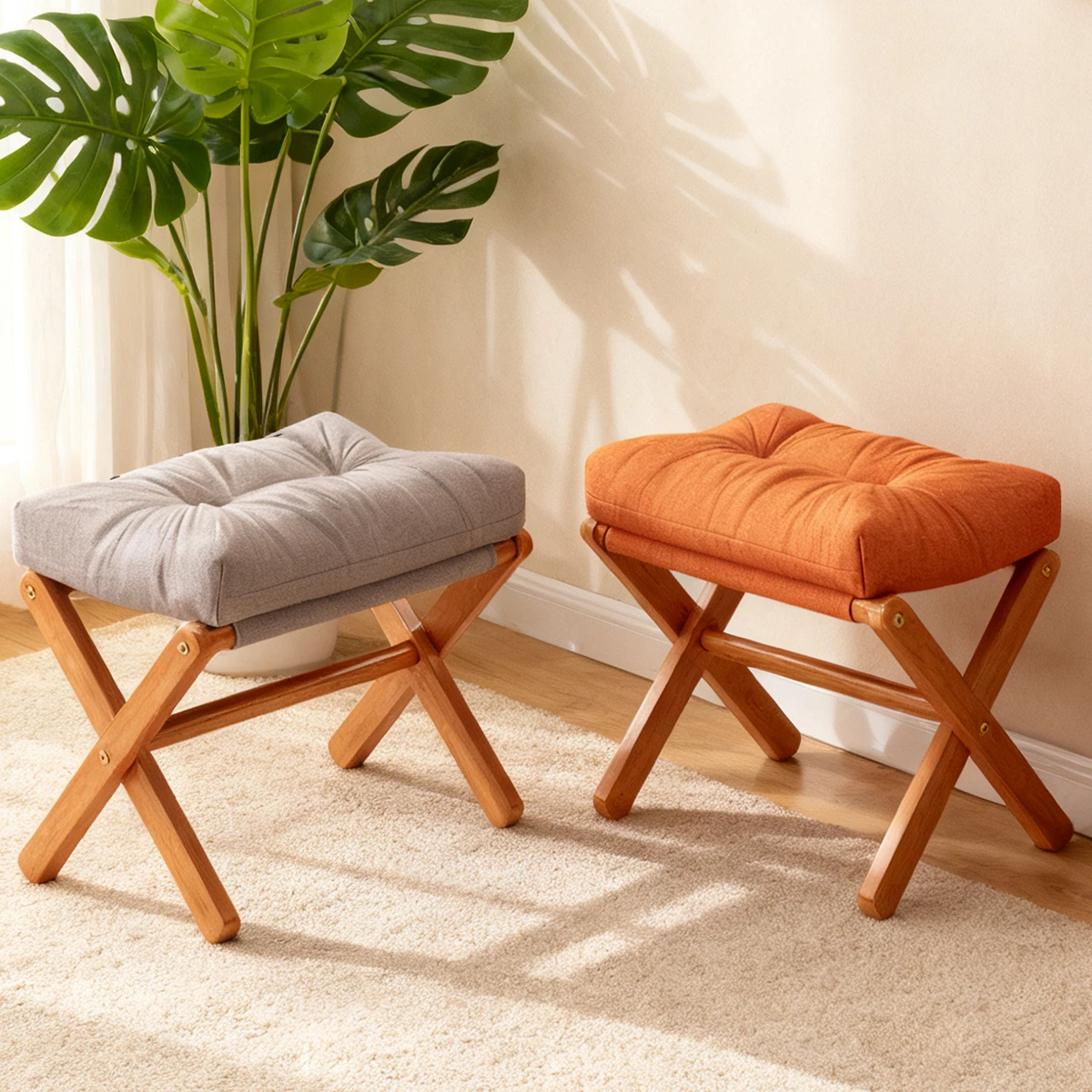 Space-Saving Folding Brown Bamboo X-Leg Ottoman - Multi-Color Upholstered Foot Rest for Living Room Vanity Extra Seating