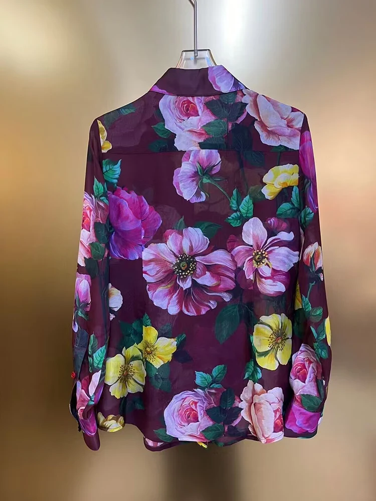 Seasixiang Designer Summer Silk Shirts Women\'s Turn-down Collar  Long Sleeve Flower Print  Office Lady Single Breasted Shirts