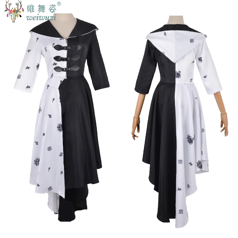 

Cruella Devil Cosplay Costume Girl Women Evil Madame Cruella Vampire Cosplay Black White Witch Dress Wig Halloween Party Costume