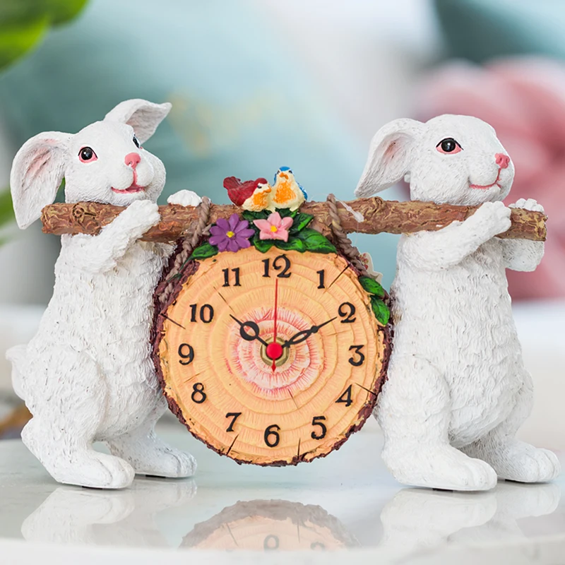 

Creative Rabbit Figurines Clock Decorative Table Watch Desk Clock Kids Children Room Table Ornaments Resin Art Craft Clock