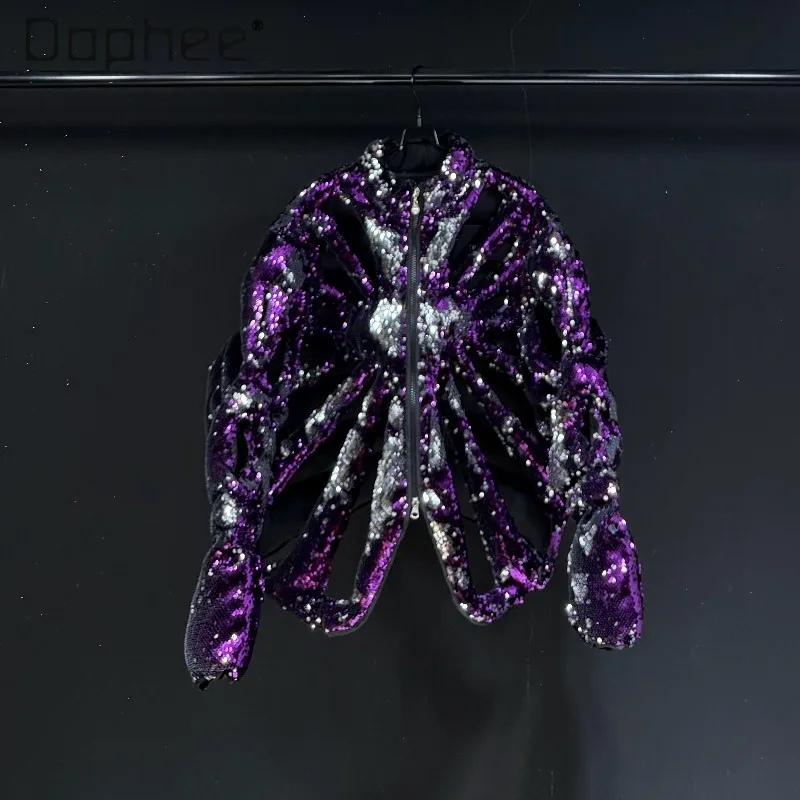 

Purple Heavy Sequin Street Style Hollow Thick Cotton Jacket Handsome Trendy High Street Men's Long Sleeve Loose Casual Jackets