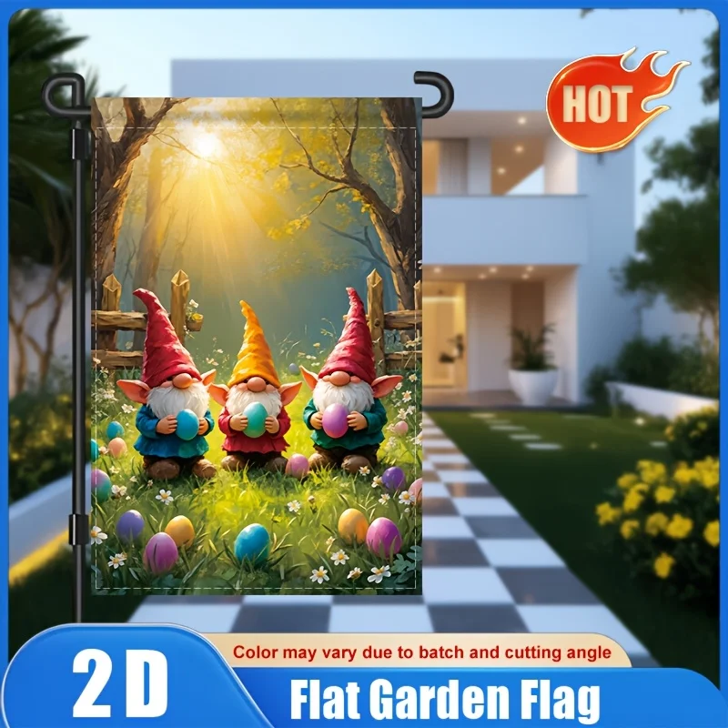 Happy Easter Garden Flag Gnomes Holding Easter Eggs In Forest Durable Polyester Flag Perfect for Farmhouse Outdoor Courtyard
