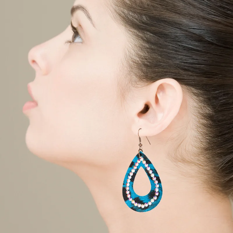 Source Personality Creative PU Leather Earrings Women's Retro Water Drop Shaped Hollow Rhinestone Earrings