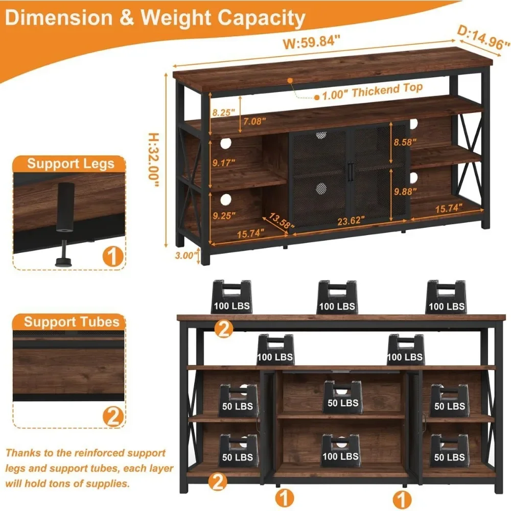 Grand Meuble TV Industriel en Bois avec Armoire de Rangement, Console de Télévision de Ferme pour le Salon, Centre de Divertissement pour Téléviseurs jusqu'à 65 Pouces